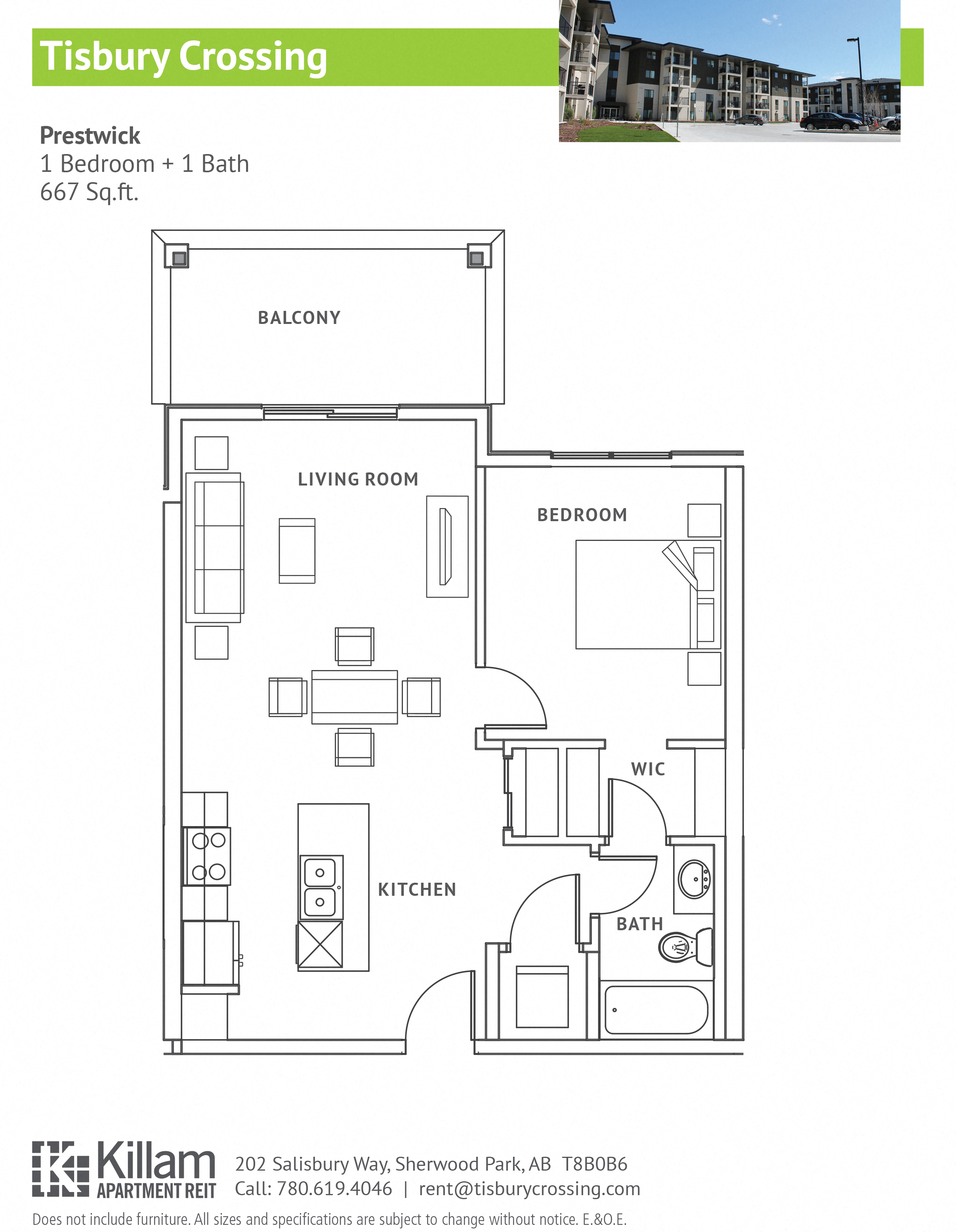 Floor plan for 1 bed, 1 bath, 667 sqft